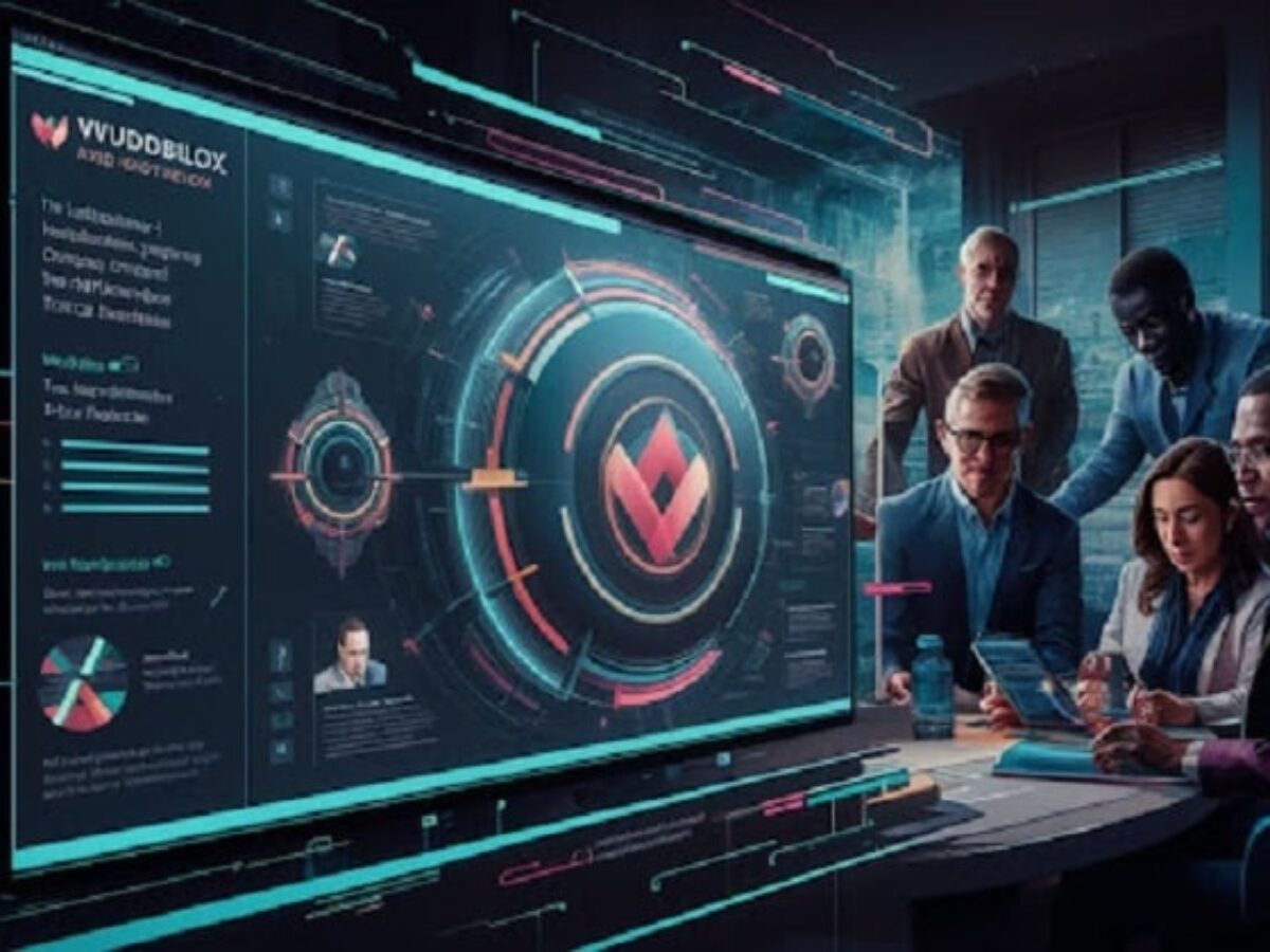 Team collaborating on Wuvdbugflox interface in a meeting room.